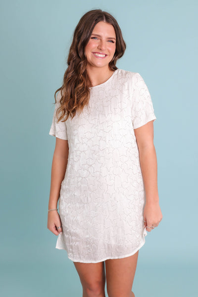 White Mini Sequin Dress- Star Sequin T-Shirt Dress- Women's Sequin Dresses