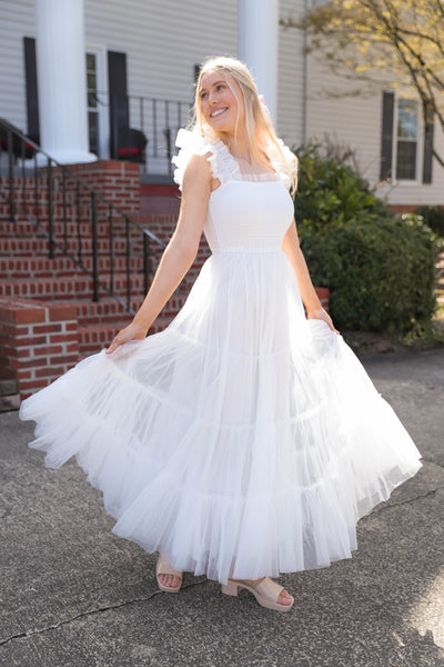 White Tulle Maxi Dress- Women's Cocktail Dresses- Mable White Tulle Dress