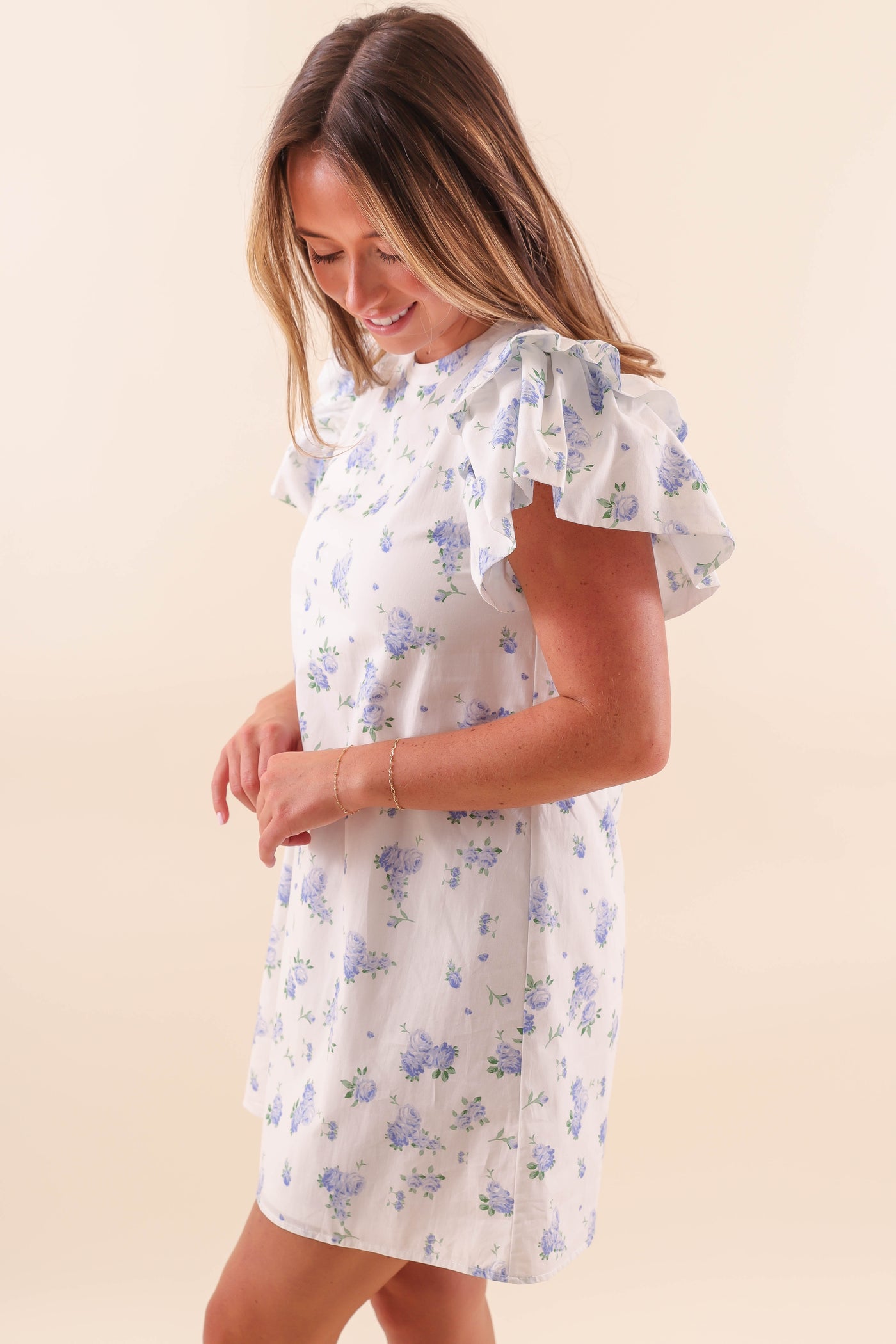 White Floral Shift Dress - Floral Shift Dress with Ruffled Sleeves- TCEC Ruffle Dress
