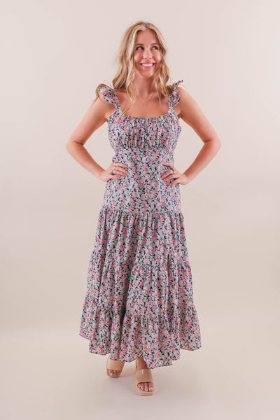Navy Floral Print Midi Dress- Ruffle Midi Dress With Slit- Eesome Dresses