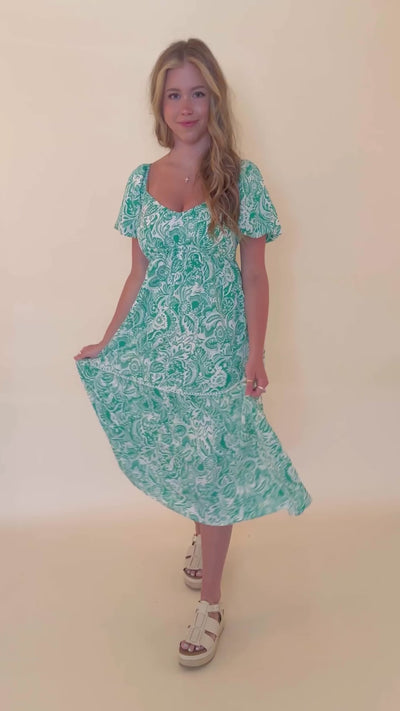 Women's Green Print Midi Dress- Paisley Green Midi Dress- She + Sky Dresses