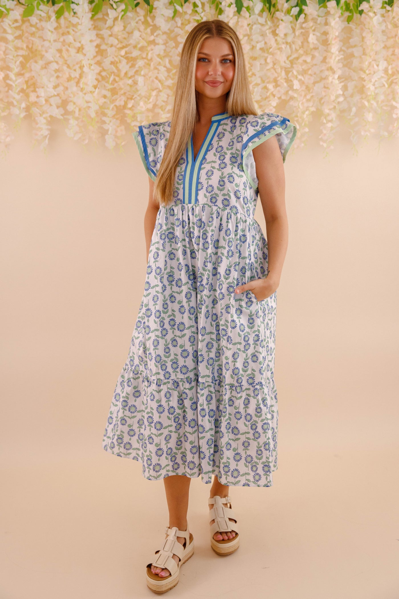 Floral Cotton Flutter Sleeve Midi Dress- Women's Cotton Print Dresses- Entro Midi Dress