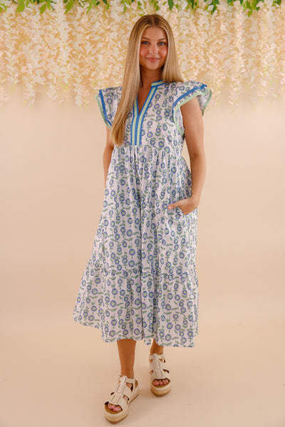 Floral Cotton Flutter Sleeve Midi Dress- Women's Cotton Print Dresses- Entro Midi Dress