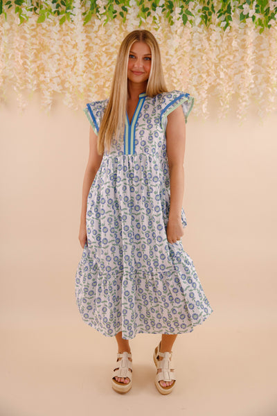 Floral Cotton Flutter Sleeve Midi Dress- Women's Cotton Print Dresses- Entro Midi Dress