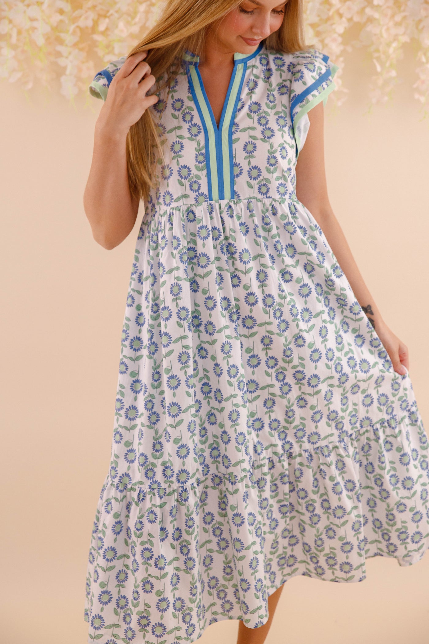 Floral Cotton Flutter Sleeve Midi Dress- Women's Cotton Print Dresses- Entro Midi Dress