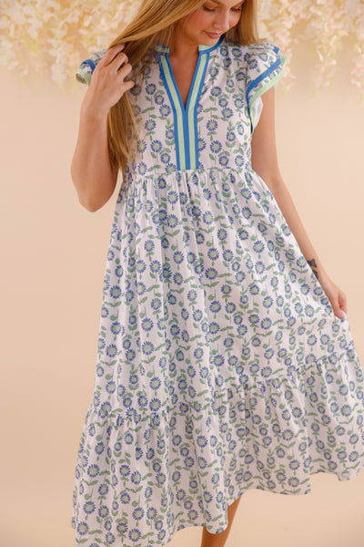 Floral Cotton Flutter Sleeve Midi Dress- Women's Cotton Print Dresses- Entro Midi Dress