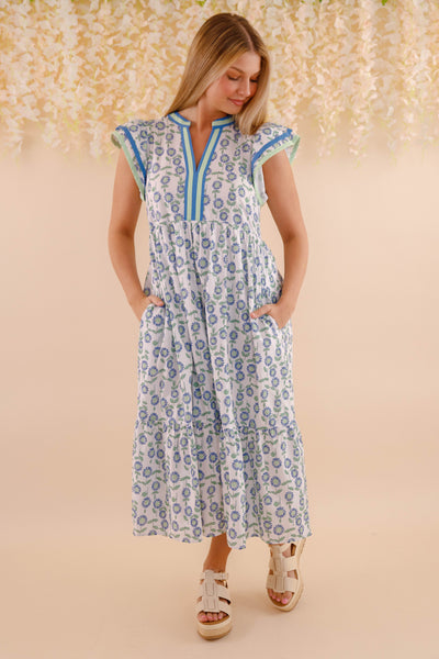 Floral Cotton Flutter Sleeve Midi Dress- Women's Cotton Print Dresses- Entro Midi Dress