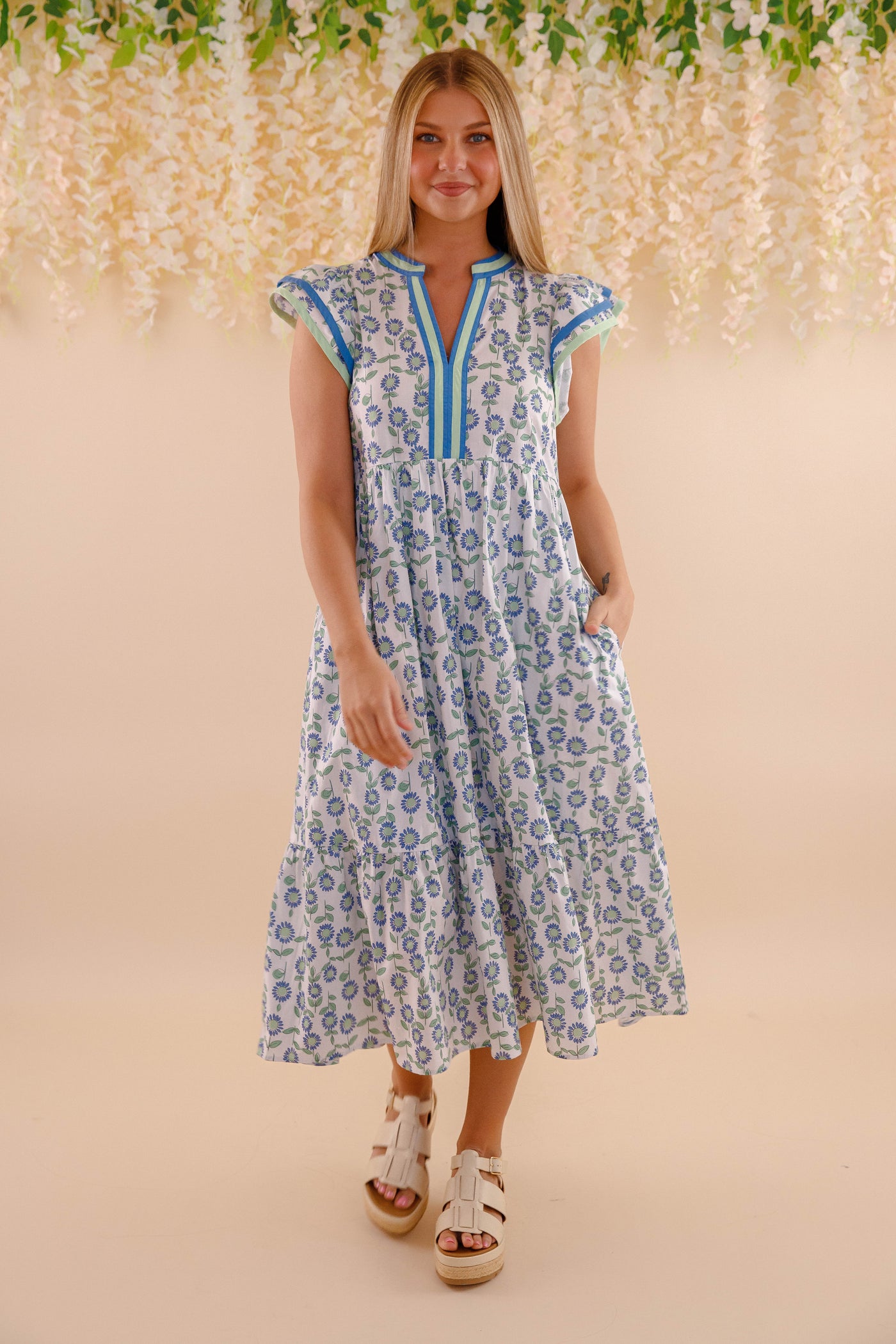 Floral Cotton Flutter Sleeve Midi Dress- Women's Cotton Print Dresses- Entro Midi Dress