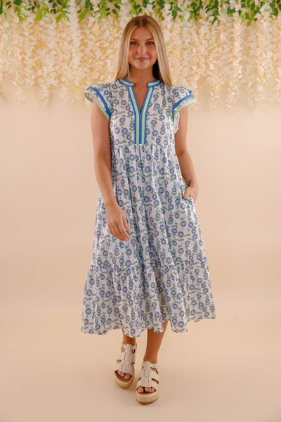 Floral Cotton Flutter Sleeve Midi Dress- Women's Cotton Print Dresses- Entro Midi Dress