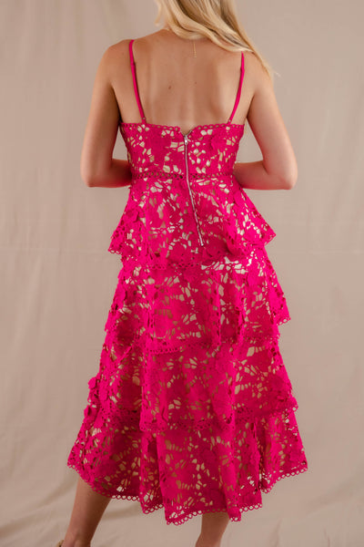 Women's Pink Floral Midi Dress- Floral Tiered Cocktail Dress- JustMe Midi Dresses