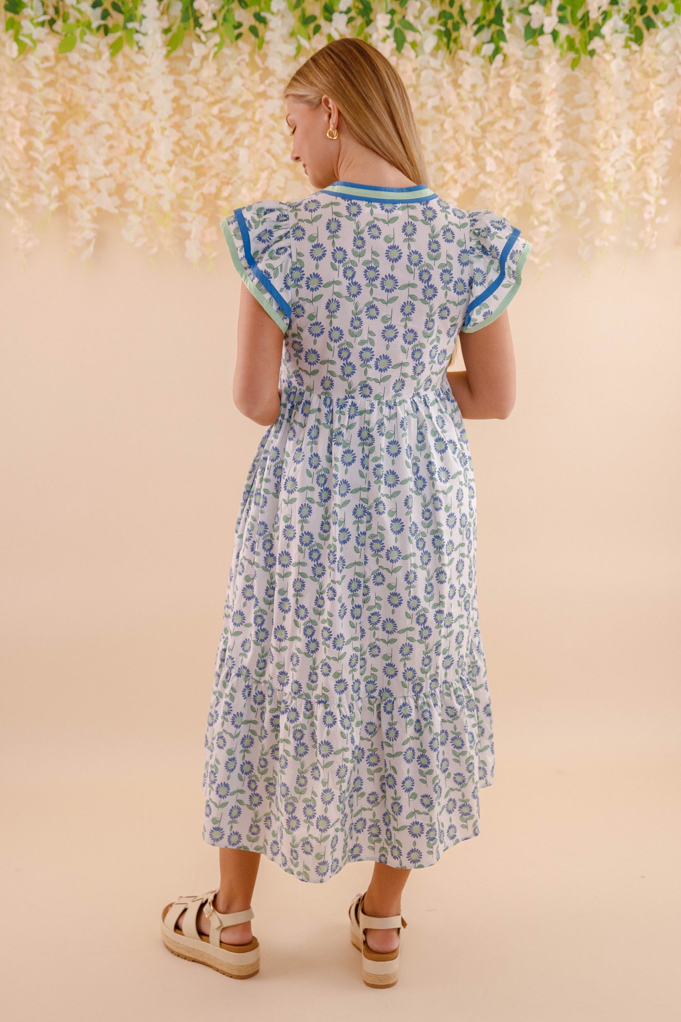 Floral Cotton Flutter Sleeve Midi Dress- Women's Cotton Print Dresses- Entro Midi Dress