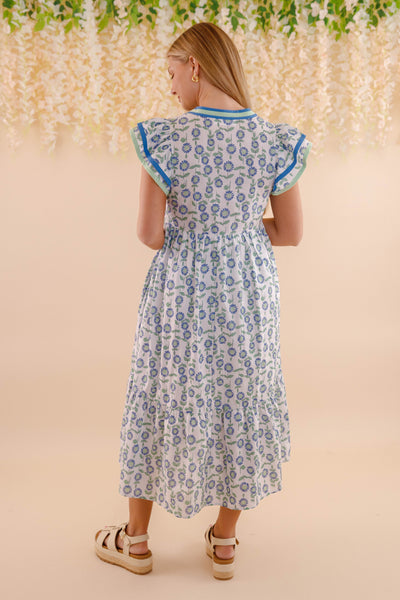 Floral Cotton Flutter Sleeve Midi Dress- Women's Cotton Print Dresses- Entro Midi Dress