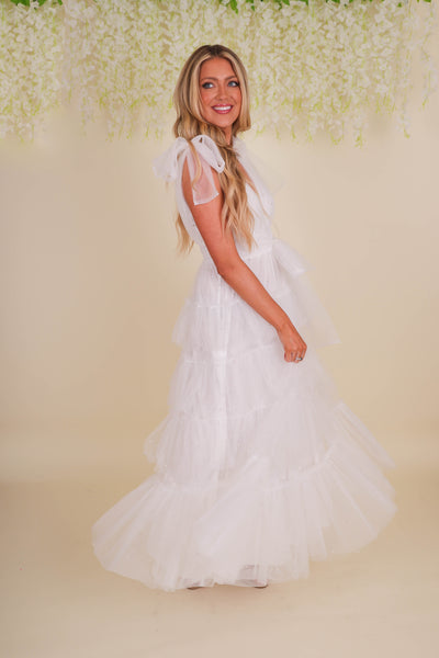 White Pearl Tulle Midi Dress- Bridal Tulle Pearl Dress- Mable Tulle Pearl Midi