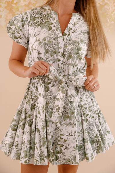 Button Down Shirt Dress- Women's Vintage Inspired Dress- Olive and White Floral Pleated Dress