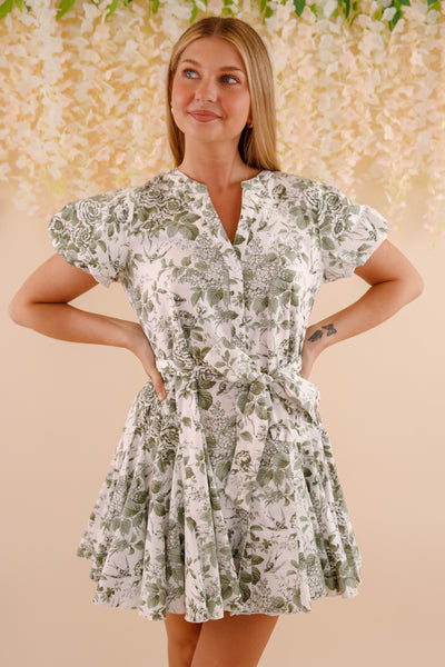 Button Down Shirt Dress- Women's Vintage Inspired Dress- Olive and White Floral Pleated Dress