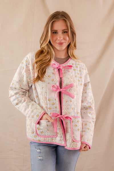 Quilted Patchwork Floral Print Jacket- Women's Quilted Pink Jacket- Bow Jacket For Women