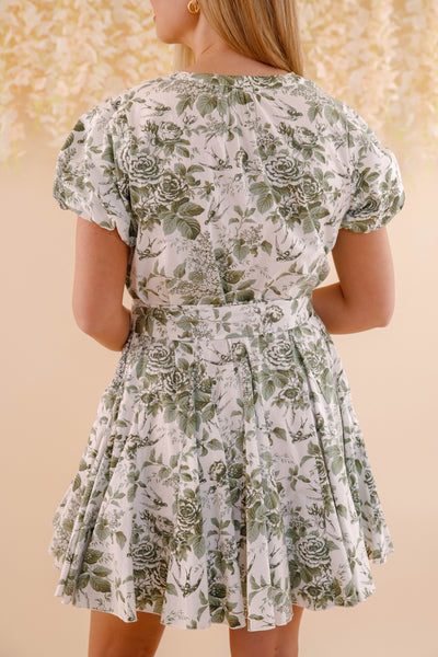 Button Down Shirt Dress- Women's Vintage Inspired Dress- Olive and White Floral Pleated Dress