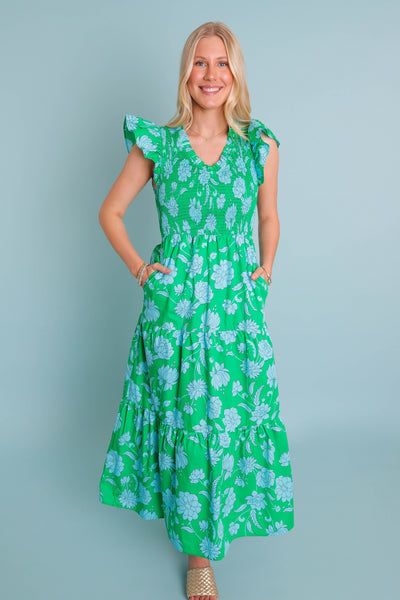 Women's Floral Smocked Midi Dress- Women's Green Floral Midi- Sugar Lips Midi Dress