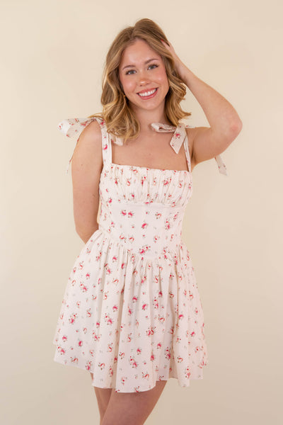 Poplin Floral Print Mini Dress- Women's Corset Back Dress- Spring Summer Dresses For Women