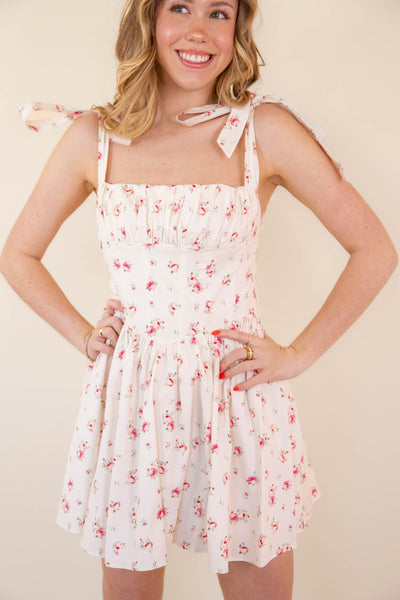 Poplin Floral Print Mini Dress- Women's Corset Back Dress- Spring Summer Dresses For Women