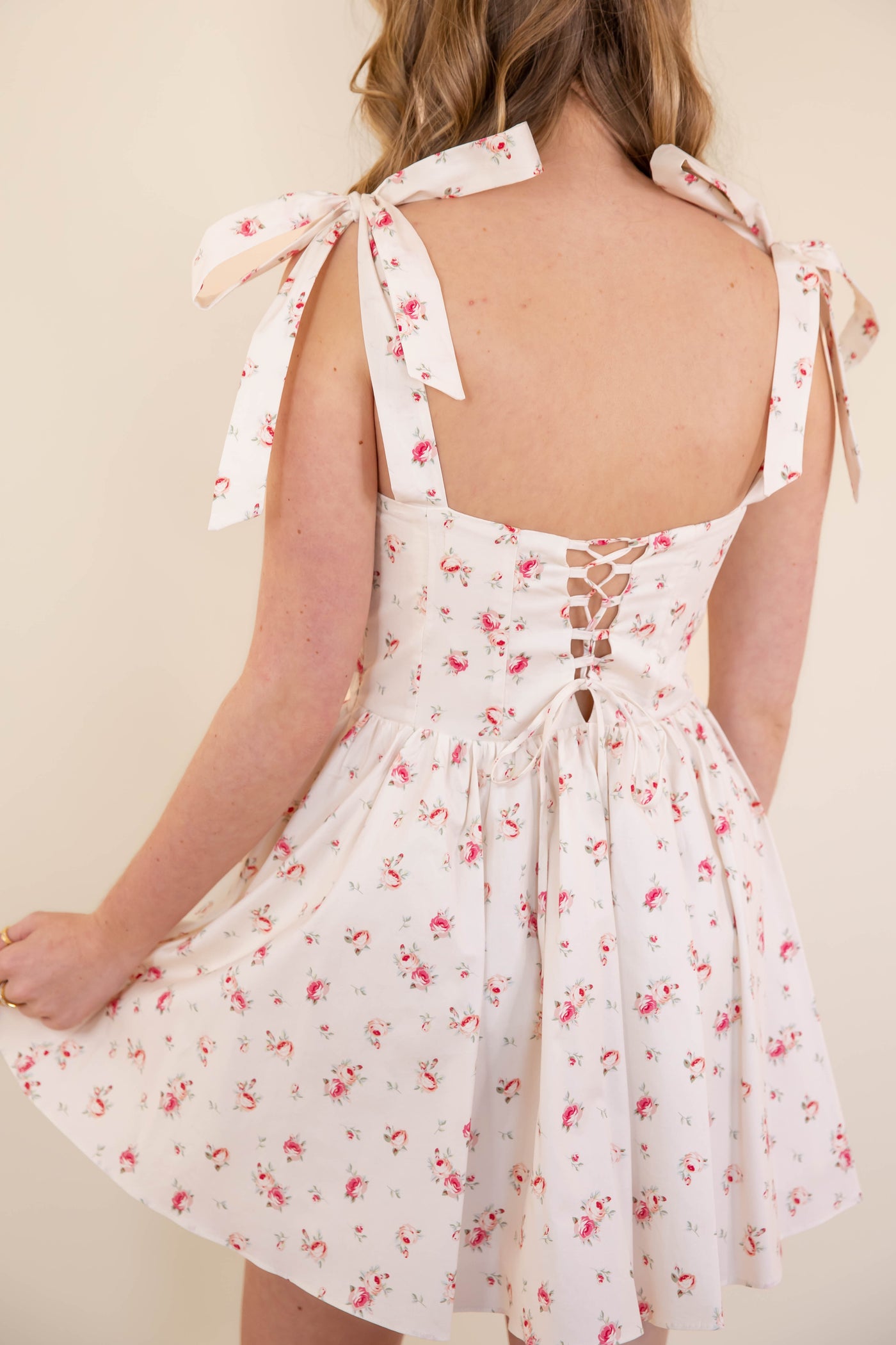 Poplin Floral Print Mini Dress- Women's Corset Back Dress- Spring Summer Dresses For Women