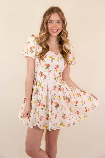 Women's Pleated Floral Mini Dress- Puff Sleeve Dresses- Women's Spring Summer Dresses
