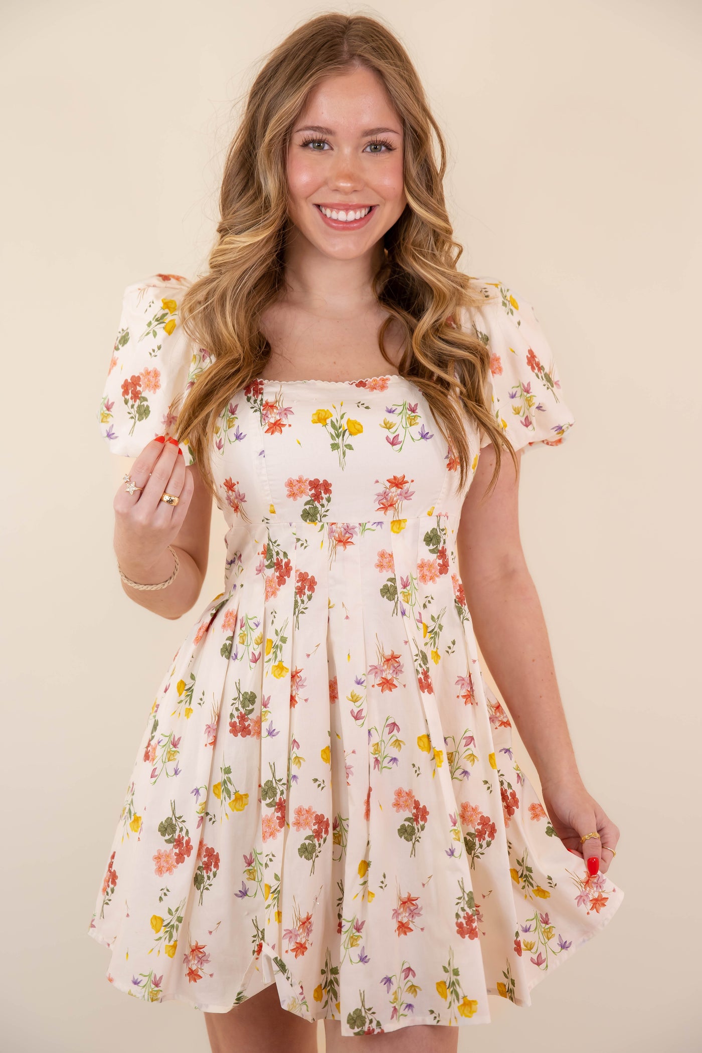 Women's Pleated Floral Mini Dress- Puff Sleeve Dresses- Women's Spring Summer Dresses