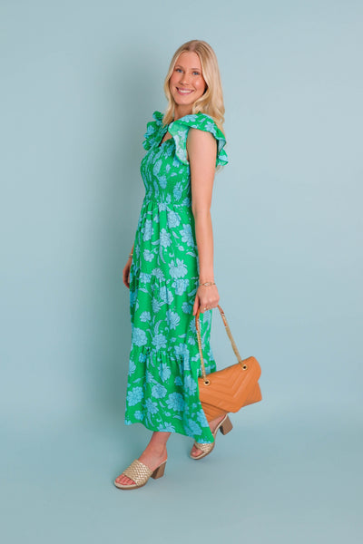 Women's Floral Smocked Midi Dress- Women's Green Floral Midi- Sugar Lips Midi Dress