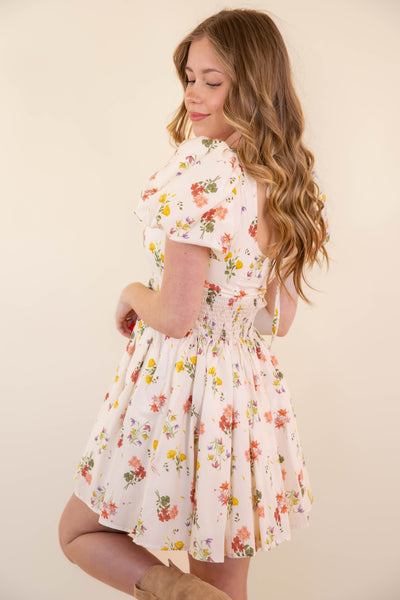 Women's Pleated Floral Mini Dress- Puff Sleeve Dresses- Women's Spring Summer Dresses