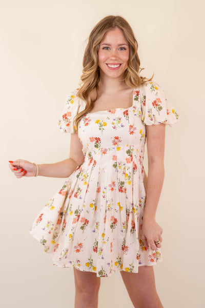 Women's Pleated Floral Mini Dress- Puff Sleeve Dresses- Women's Spring Summer Dresses