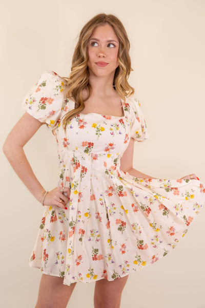 Women's Pleated Floral Mini Dress- Puff Sleeve Dresses- Women's Spring Summer Dresses