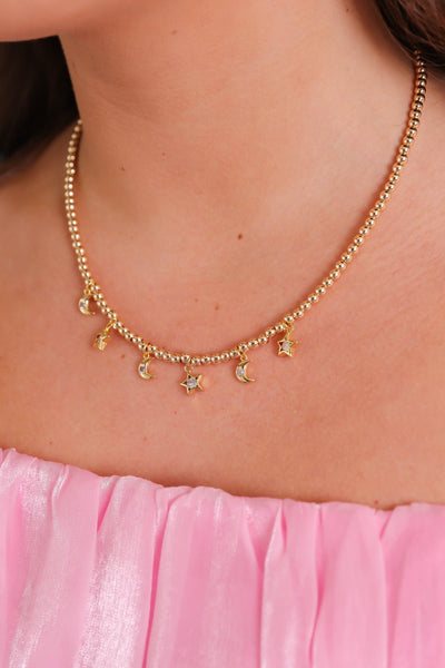 Gold Plated Charm Necklace- Gold Plated Beaded Necklace- OMG Blings