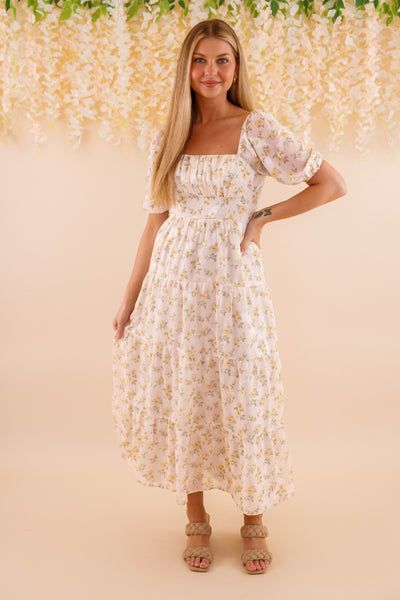 Women's Chiffon Midi Dress- Yellow Flower Print Dress- Women's Conservative Dresses