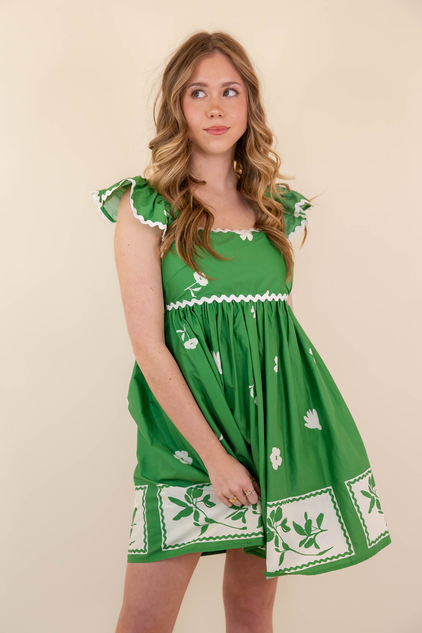 Green Floral Dress- Women's Ric-Rac Dresses- Entro Mini Dresses