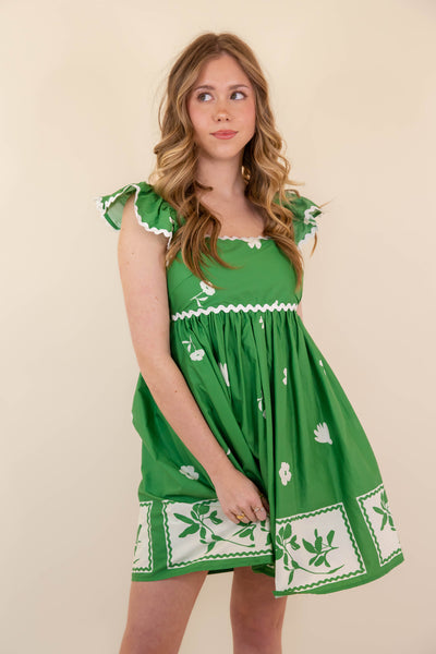 Green Floral Dress- Women's Ric-Rac Dresses- Entro Mini Dresses