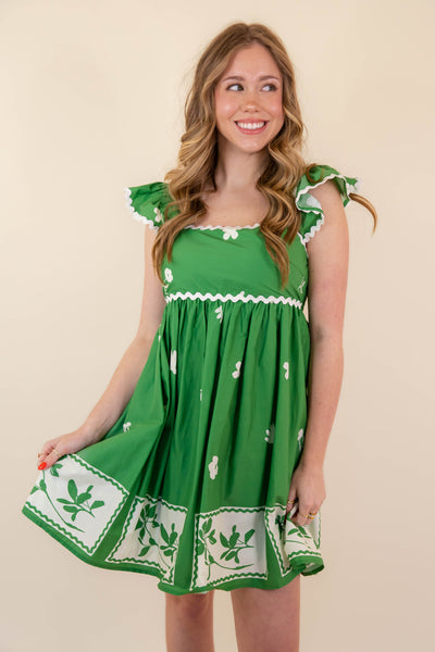 Green Floral Dress- Women's Ric-Rac Dresses- Entro Mini Dresses