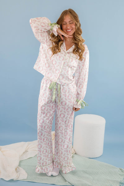 Women's Bow Pajama Pants- Floral Print Pajama Bottoms- Women's Stain PJ Set