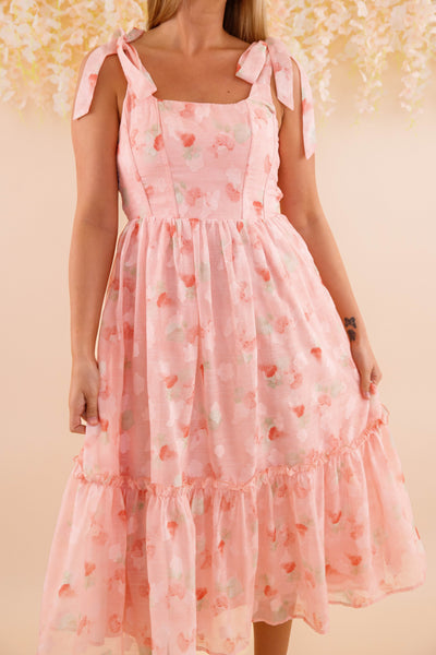 Corset Style Ribbon Midi Dress- Women's Romantic Blush Pink Midi