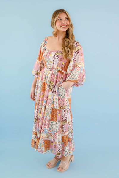Patchwork Print Maxi Dress- Colorful Print Maxi for Women- Flattering Print Long Dress