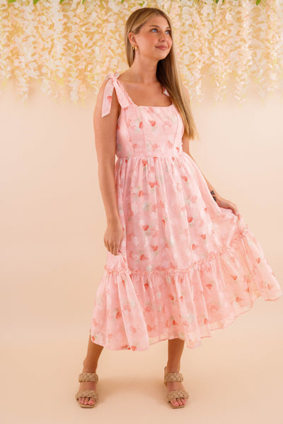 Corset Style Ribbon Midi Dress- Women's Romantic Blush Pink Midi
