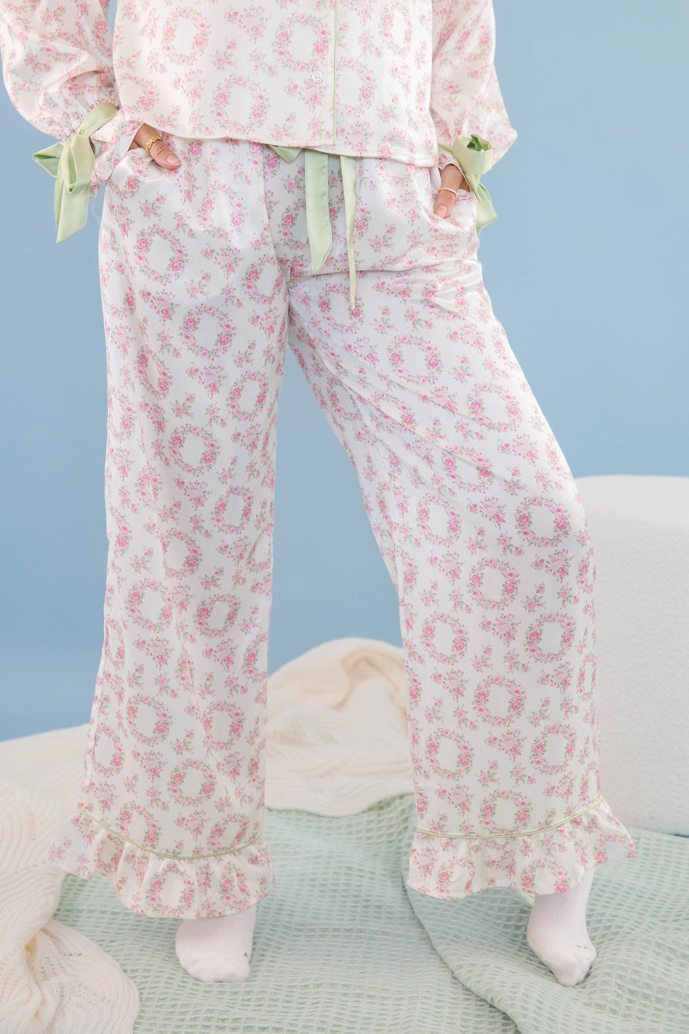 Women's Bow Pajama Pants- Floral Print Pajama Bottoms- Women's Stain PJ Set