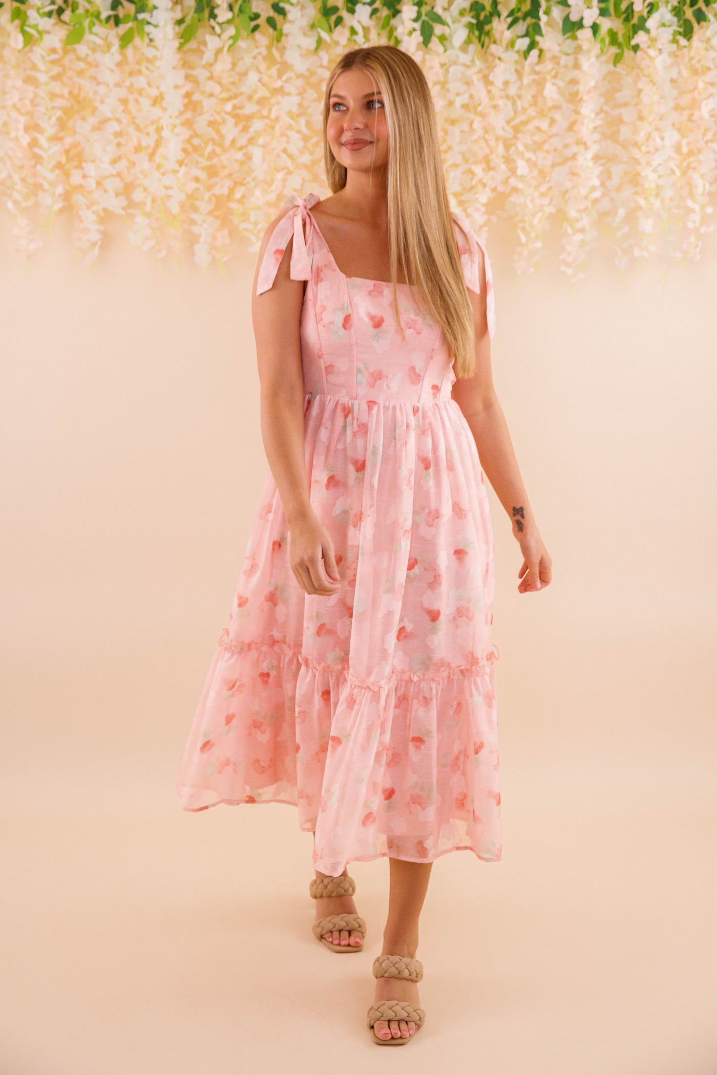 Corset Style Ribbon Midi Dress- Women's Romantic Blush Pink Midi