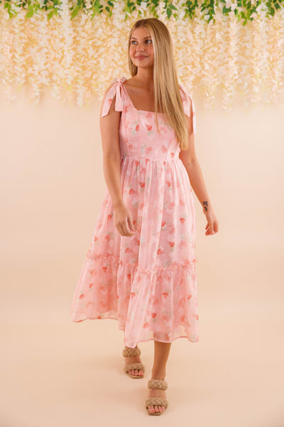 Corset Style Ribbon Midi Dress- Women's Romantic Blush Pink Midi