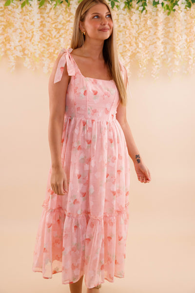 Corset Style Ribbon Midi Dress- Women's Romantic Blush Pink Midi