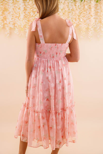 Corset Style Ribbon Midi Dress- Women's Romantic Blush Pink Midi