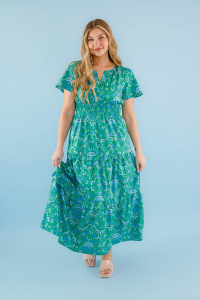 Classic Poplin Maxi Dress- Women's Green Print Maxi- SugarLips Cotton Maxi Dress