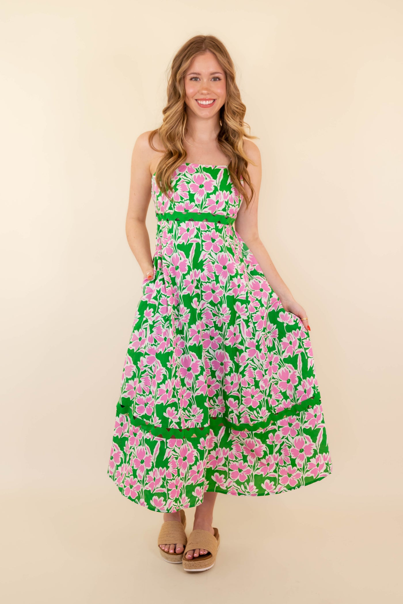 Women's Pink and Green Flower Print Dress- Women's RicRac Maxi Dress- Entro Dresses
