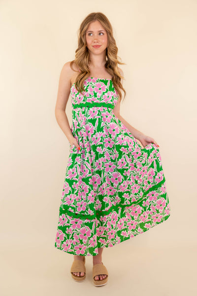 Women's Pink and Green Flower Print Dress- Women's RicRac Maxi Dress- Entro Dresses