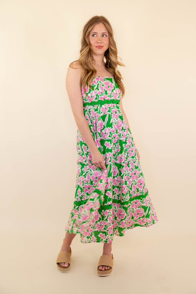 Women's Pink and Green Flower Print Dress- Women's RicRac Maxi Dress- Entro Dresses