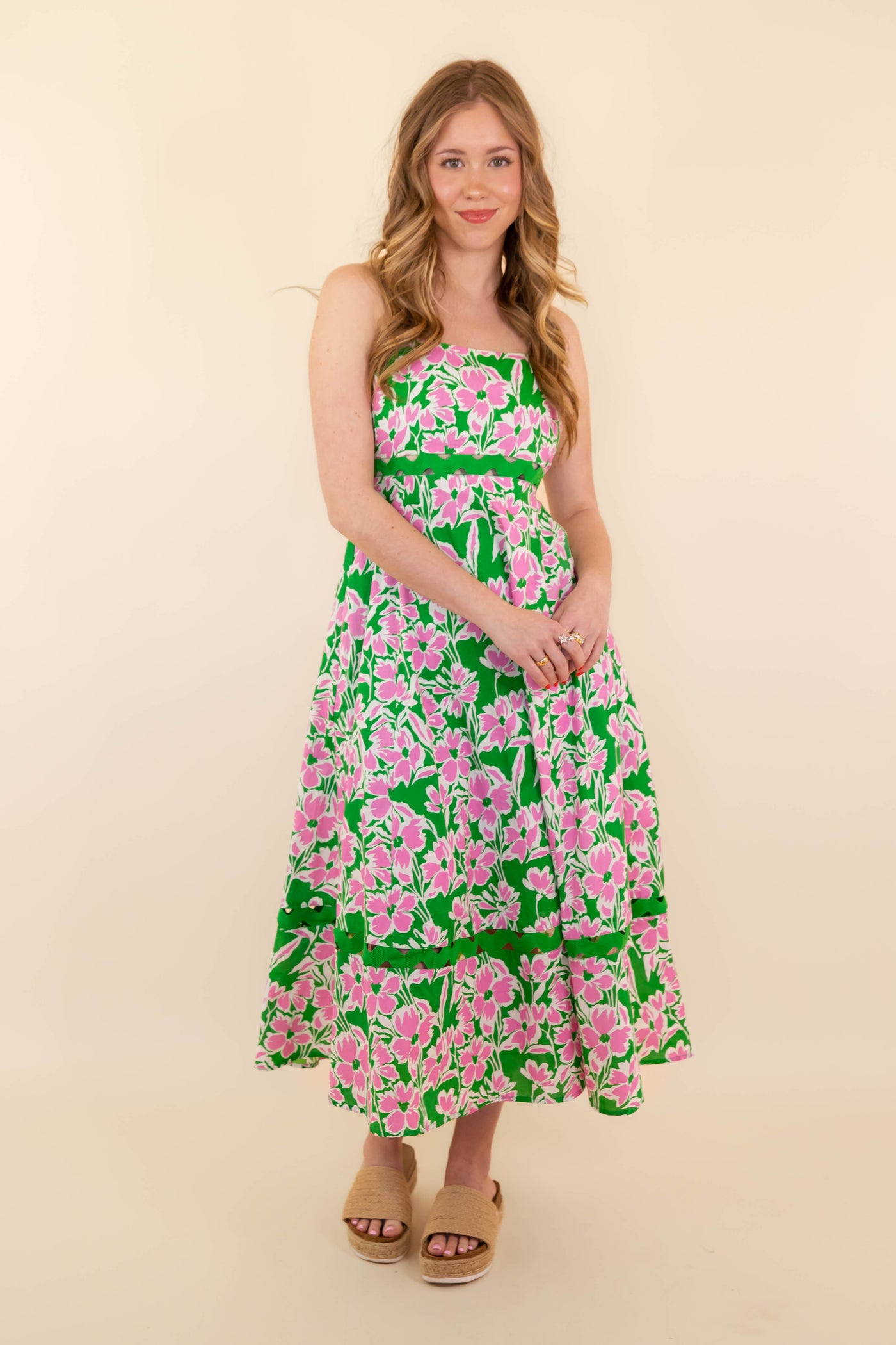 Women's Pink and Green Flower Print Dress- Women's RicRac Maxi Dress- Entro Dresses
